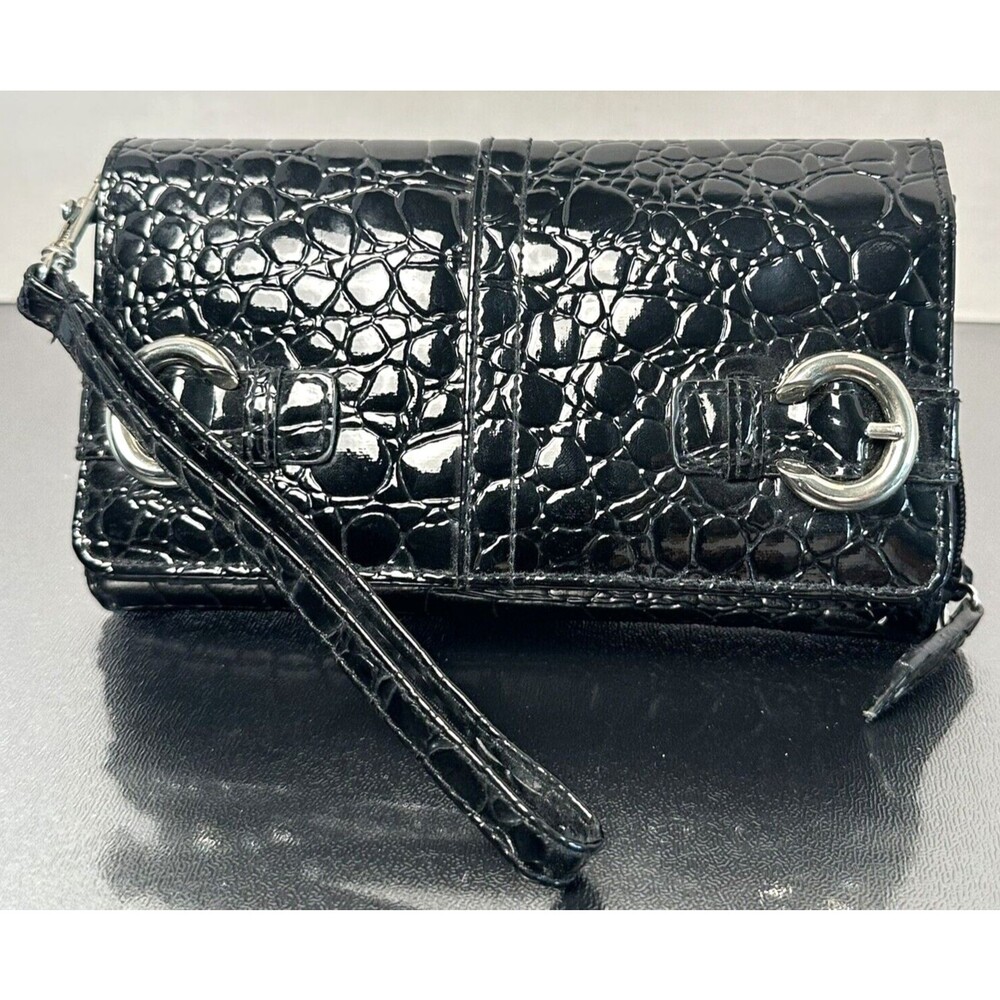 Women's Tri-Fold Wallet Bill Fold Buckle Faux Crocodile Leather Black Glossy